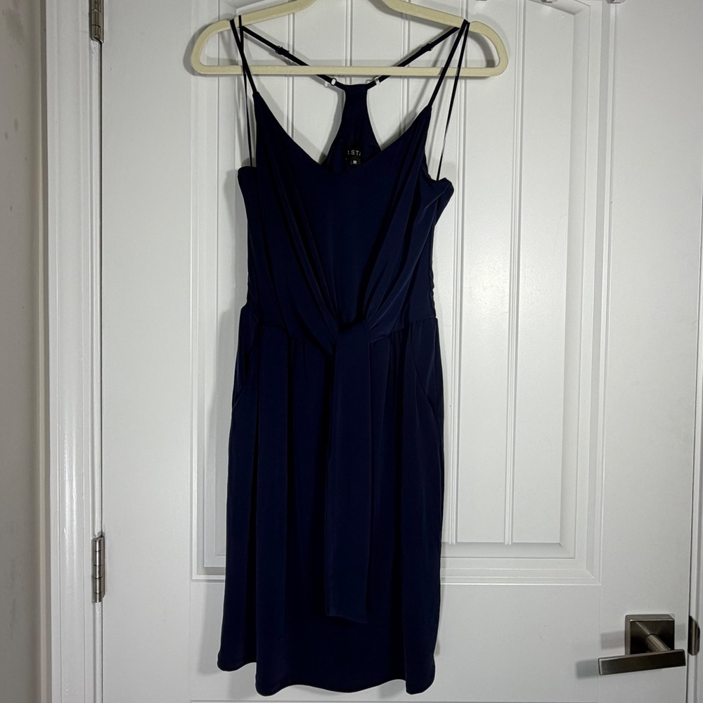 1.STATE Navy Blue Front Tie Knot Racerback Mini Dress with Pockets Size M